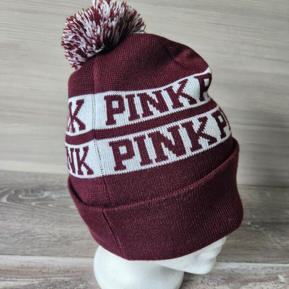 Victorias Secret PINK Maroon Knit Beanie Pom Pom Hat Cap - Picture 1 of 7